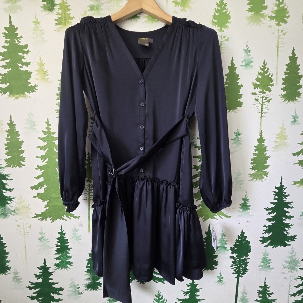 Black Satin Button-Front Long Sleeve Mini Dress